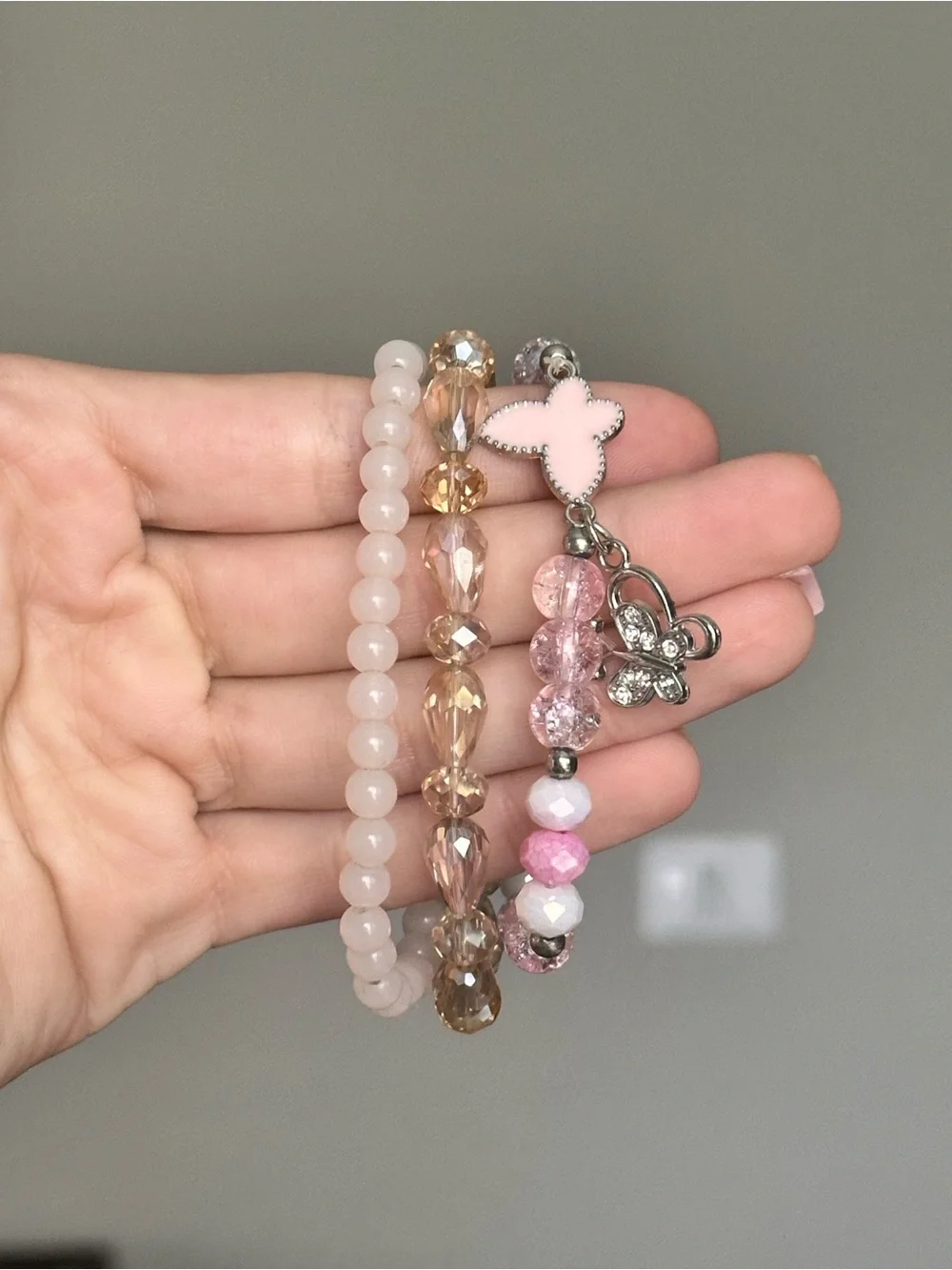 Pink Beaded Butterfly Charm Bracelet Set